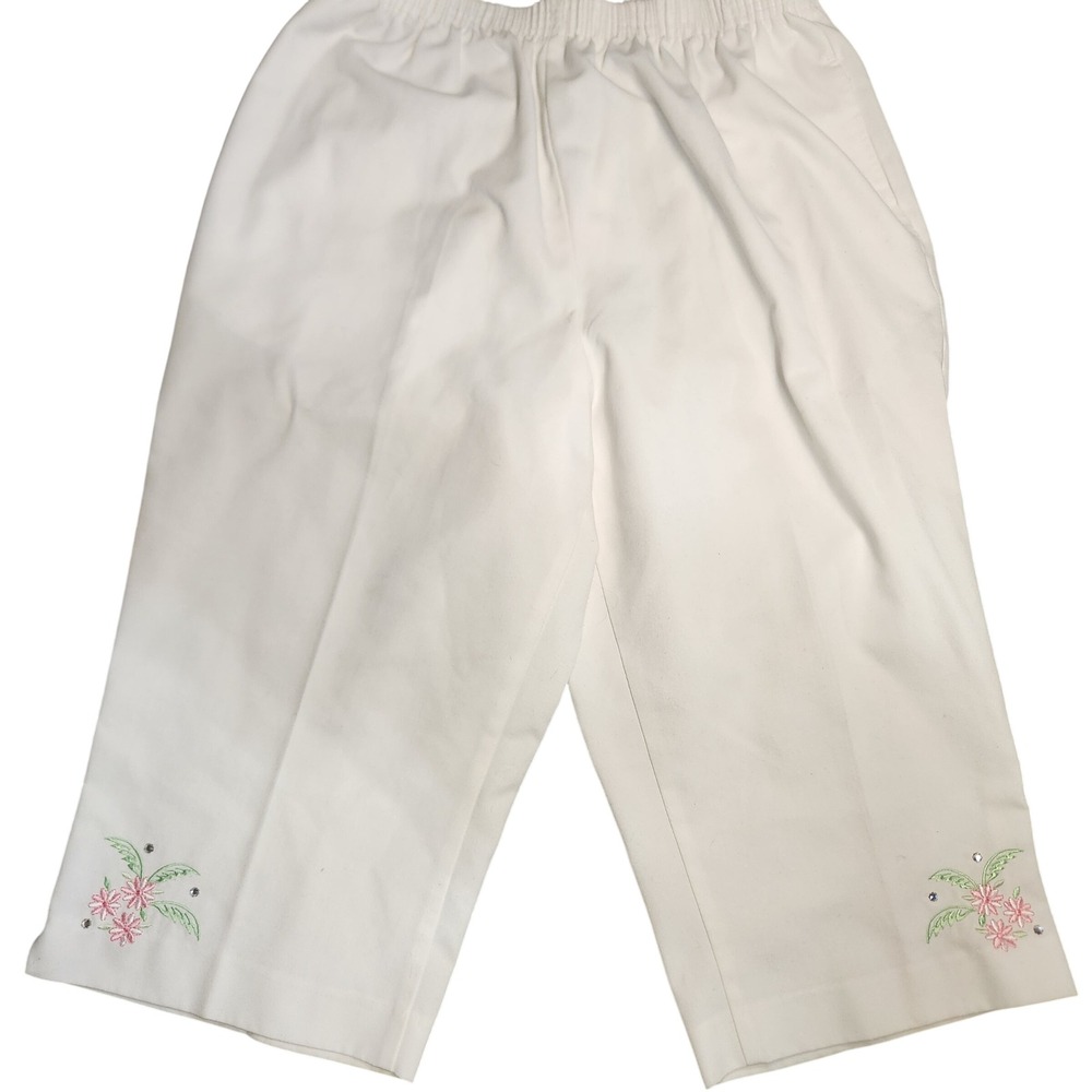 Womens Petite‎ Capri Pants White Floral Embroidered Elastic Waist Grannycore M